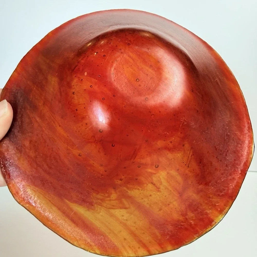 Vintage Red Orange Fused Art Glass Bowl Iridescent Abstract Line Dish